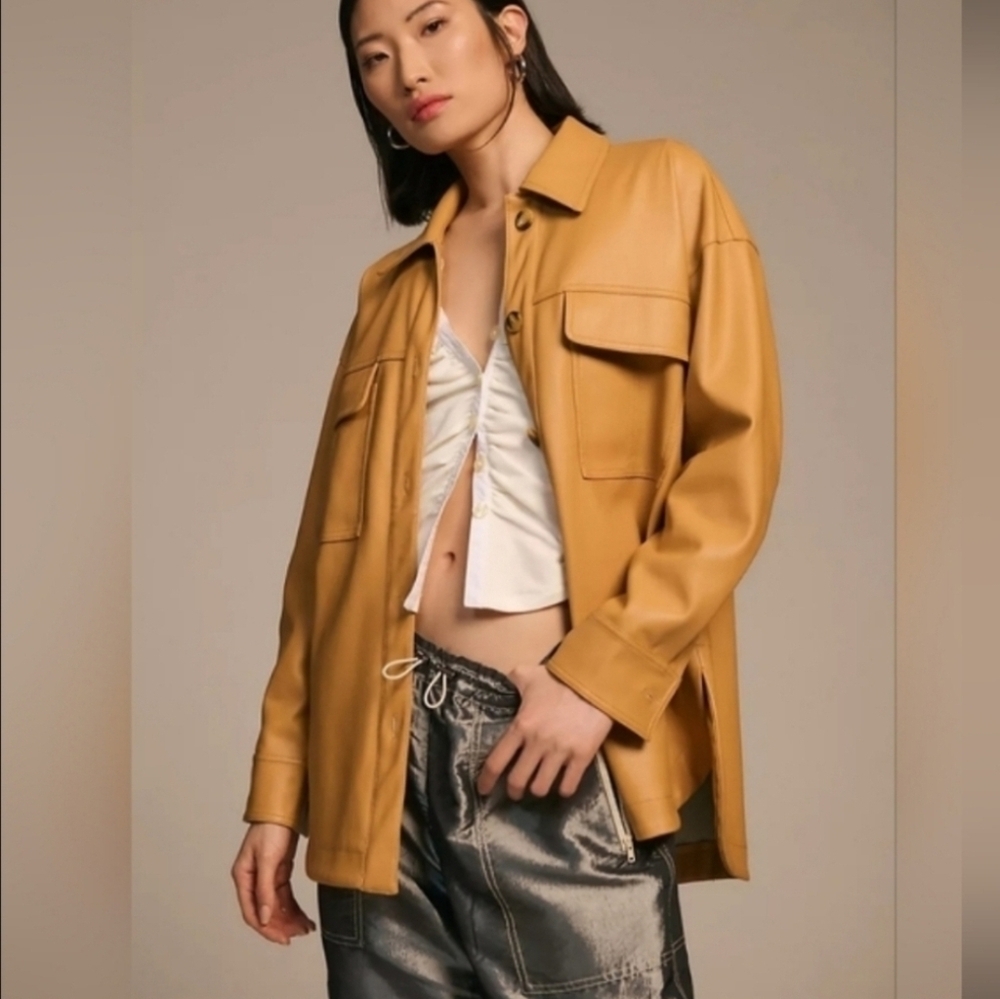 Anthropologie Maeve Faux Leather Shacket Camel Tan Button Front Jacket NWT Large - Picture 4 of 16